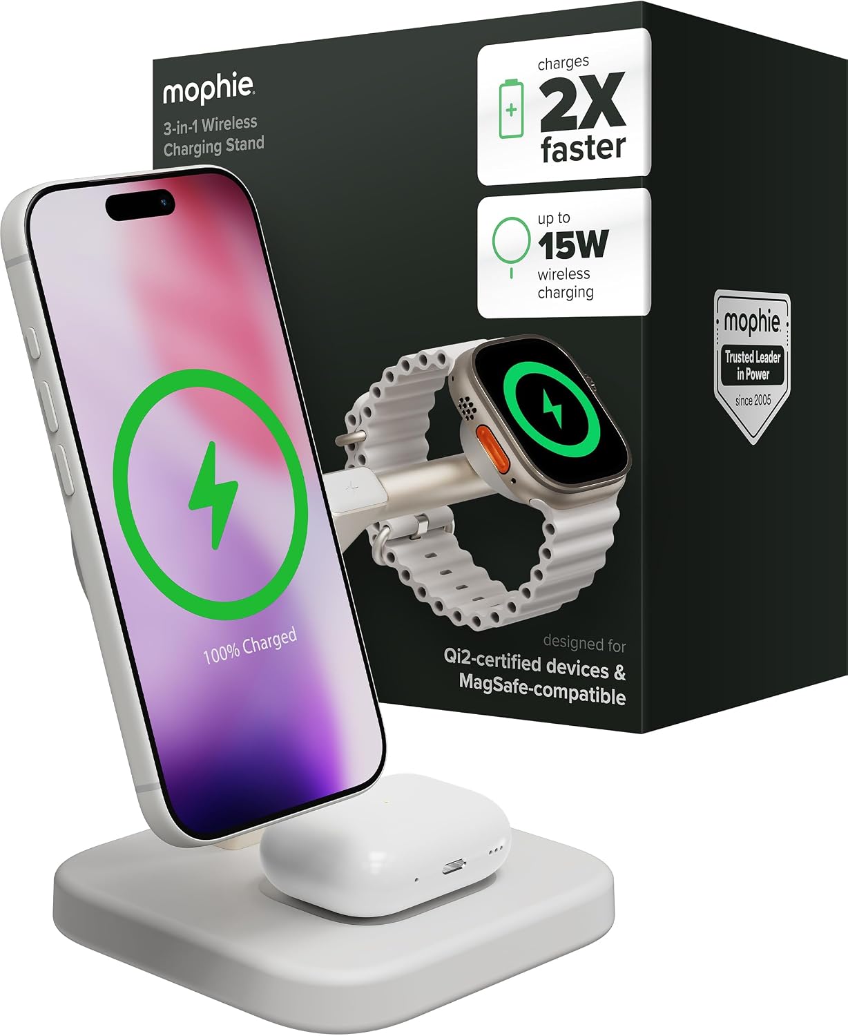 3-IN-1 WIRELESS CHARGER STAND W/FASTCHARGE WATCH WITH MAGSAFE - WHITE - NEW